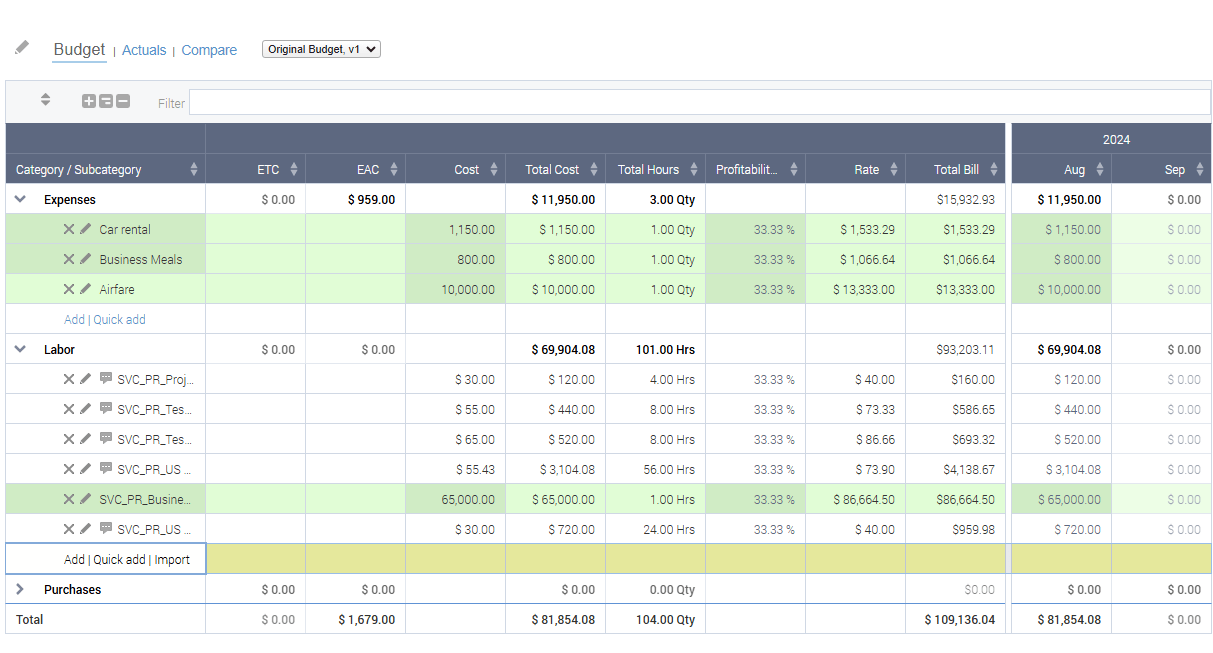 Project budget view.