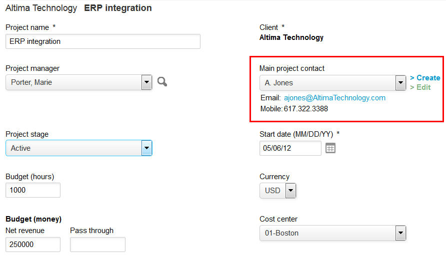 Project properties form showing Customer contact information.