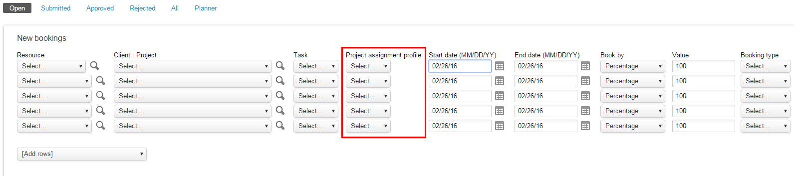 Project assignment profile field on the New multiple bookings form