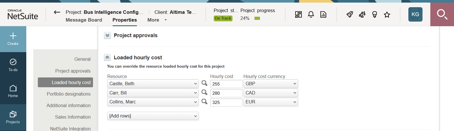 Loaded hourly cost section of the Project properties form showing the currency fields.