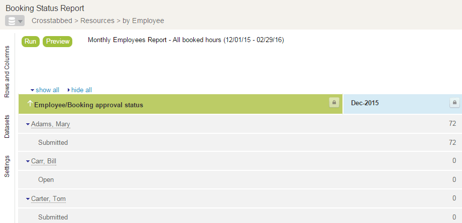 Booking Approval dimension on a crosstabbed (summary) report.