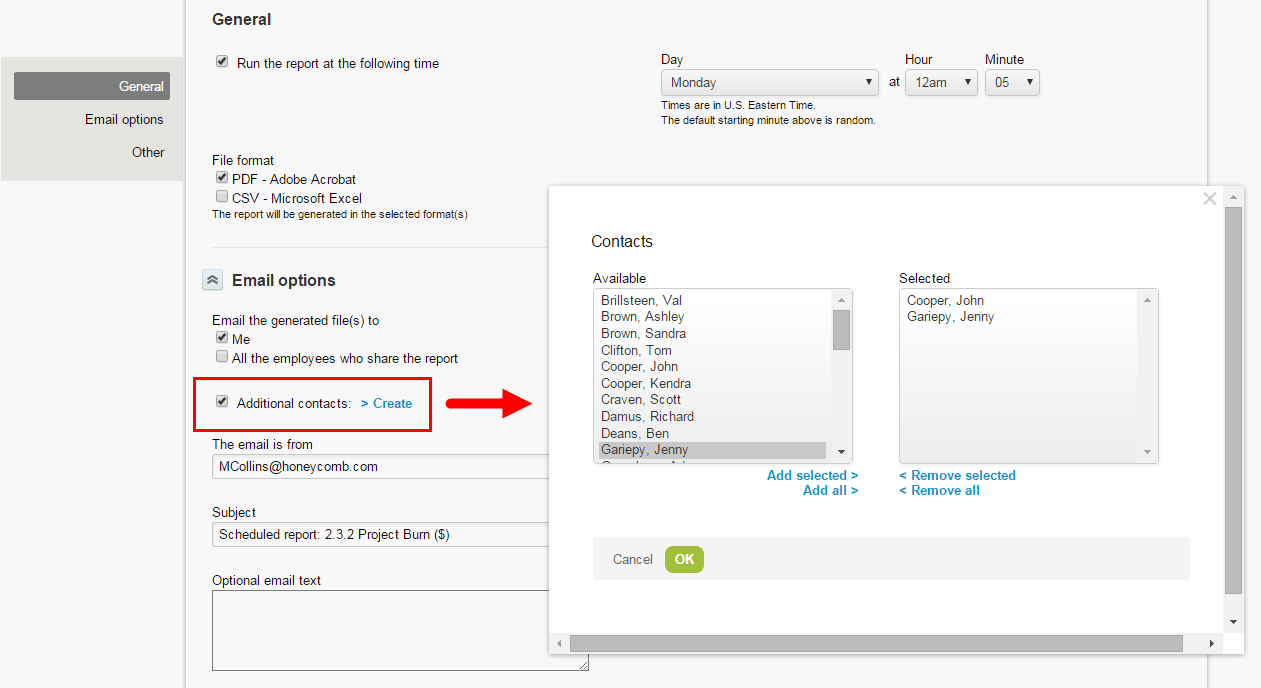 Schedule report form showing Additional contacts settings.