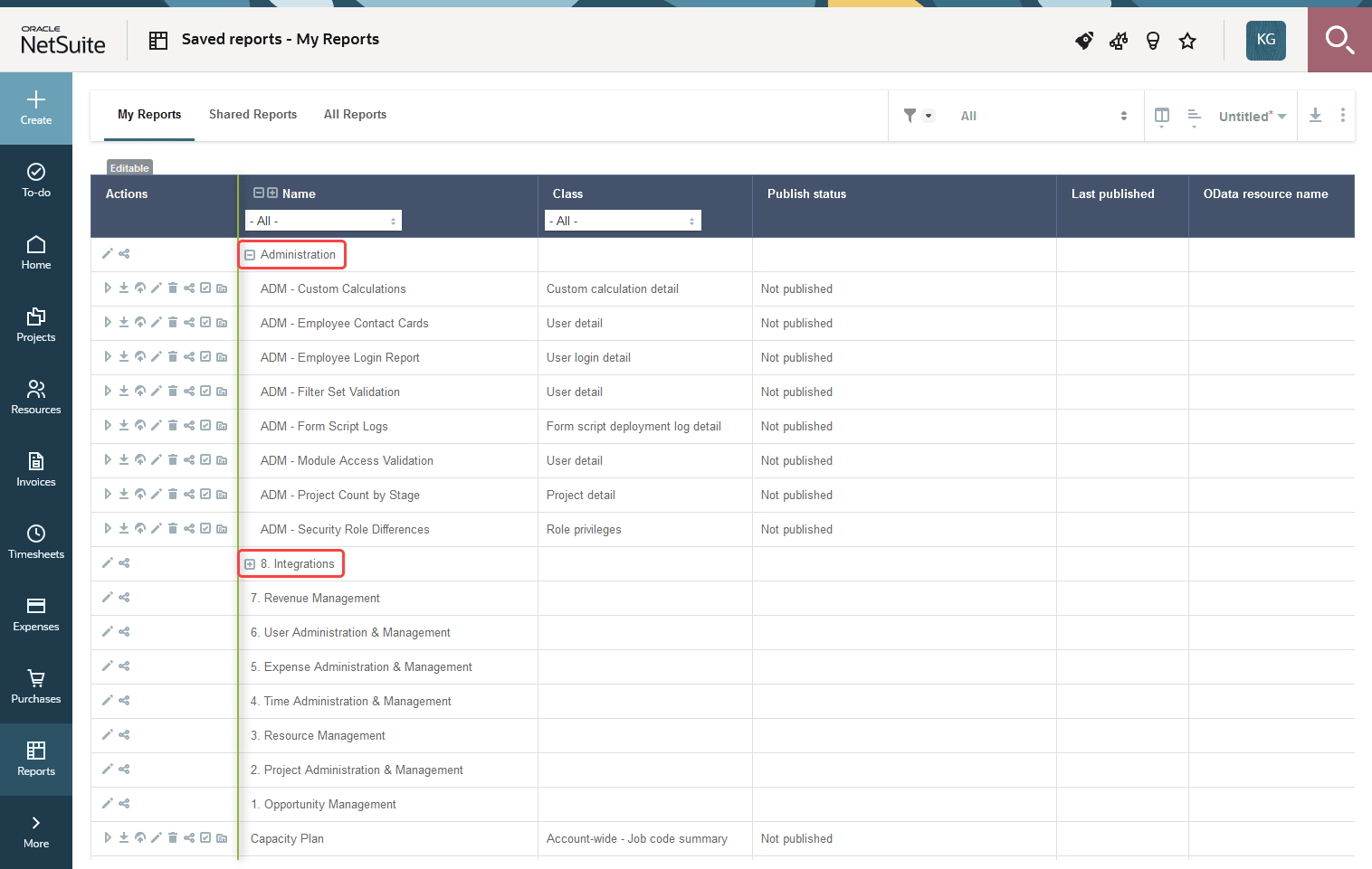 Report folders in the Saved reports list.