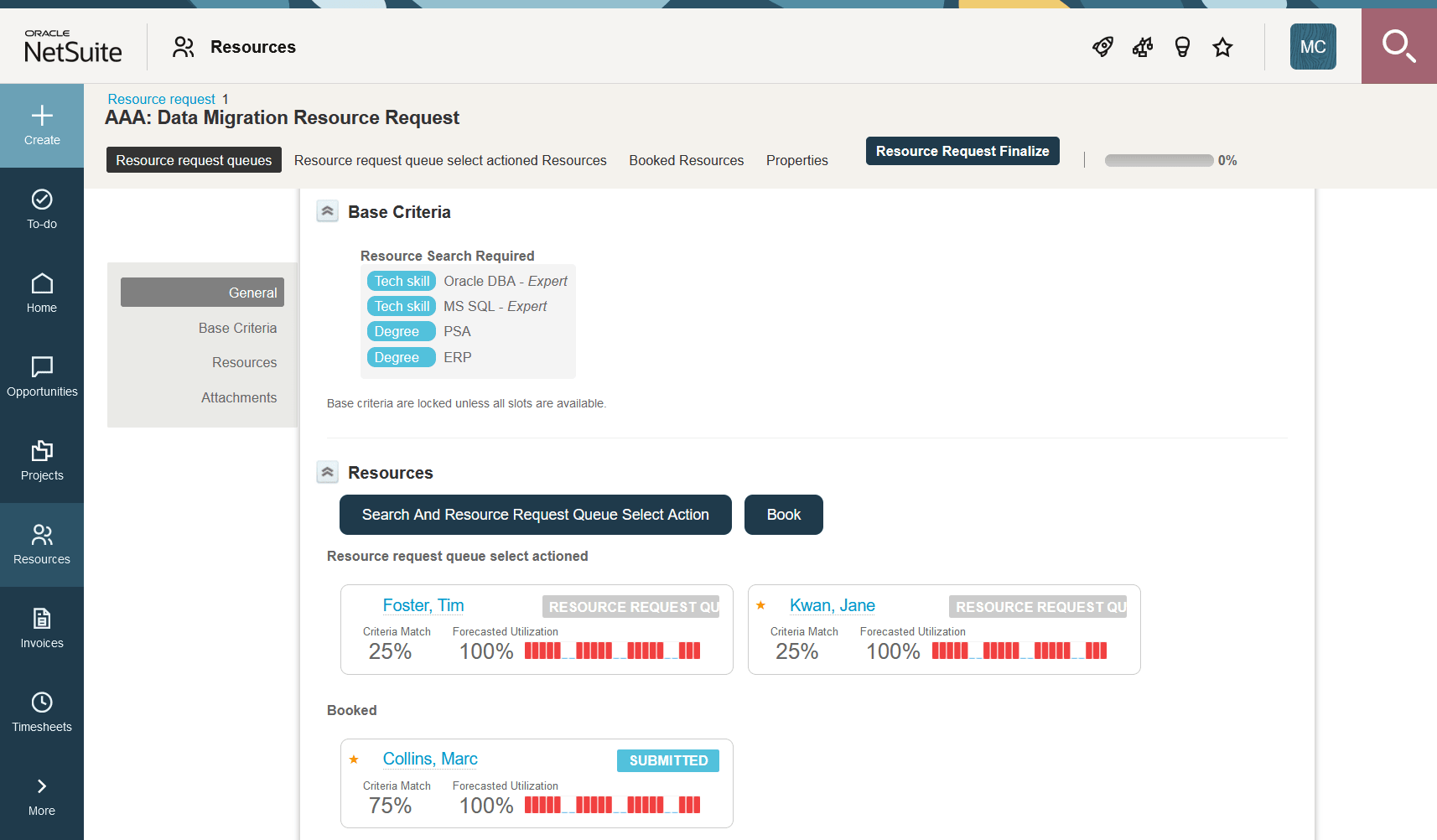 Base criteria and resources sections of the Resource request queue form.