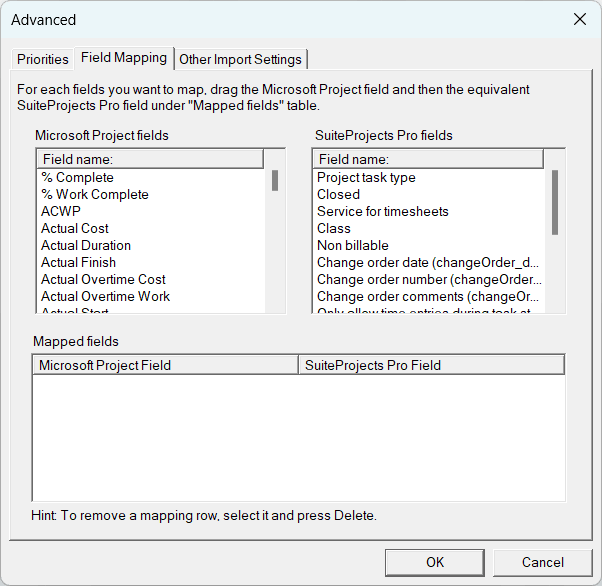 Advanced Import Settings Field Mapping tab in Microsoft Project.