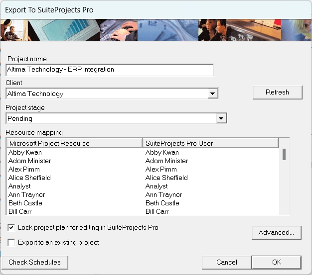 Import Settings window in Microsoft Project using the Toolbar add-in.