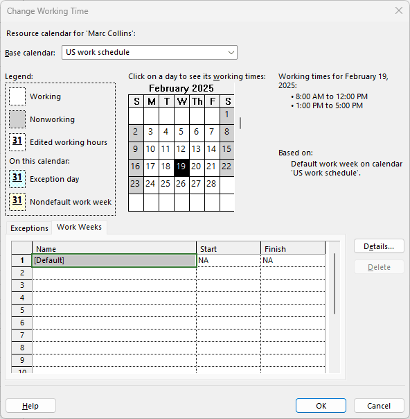 Change working time window in Microsoft Project.