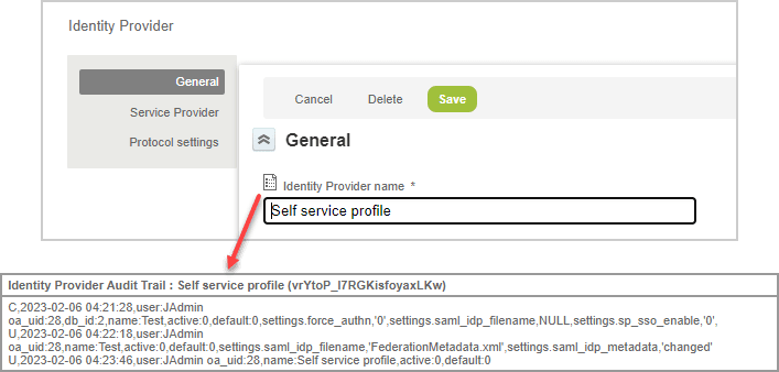 Audit trail information popup window and section of the identity provider profile form.