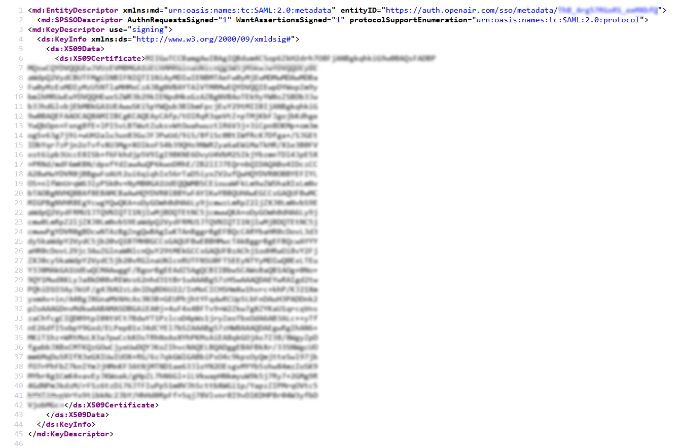 Page source of SAML metadata page