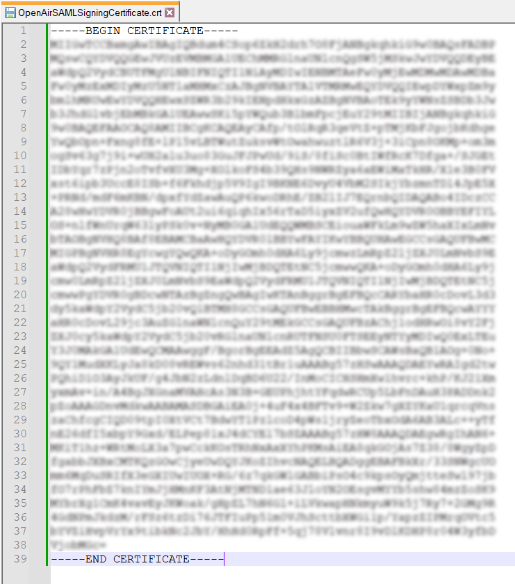 SAML signing certificate in text editor.