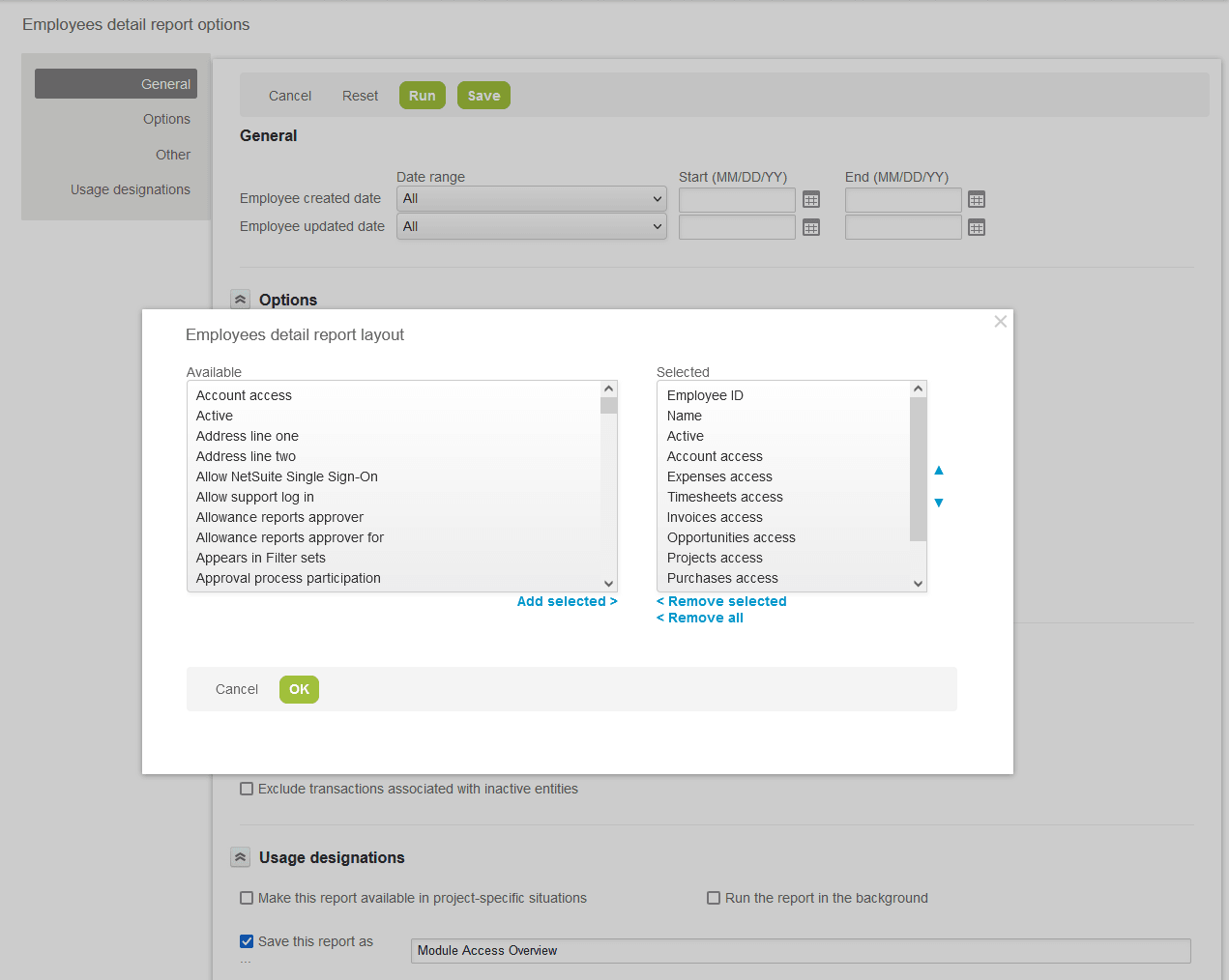 Employee detail report - Report layout form