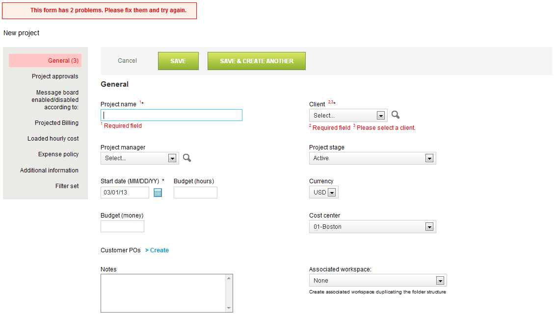 Error banner and inline error message on the new project form.