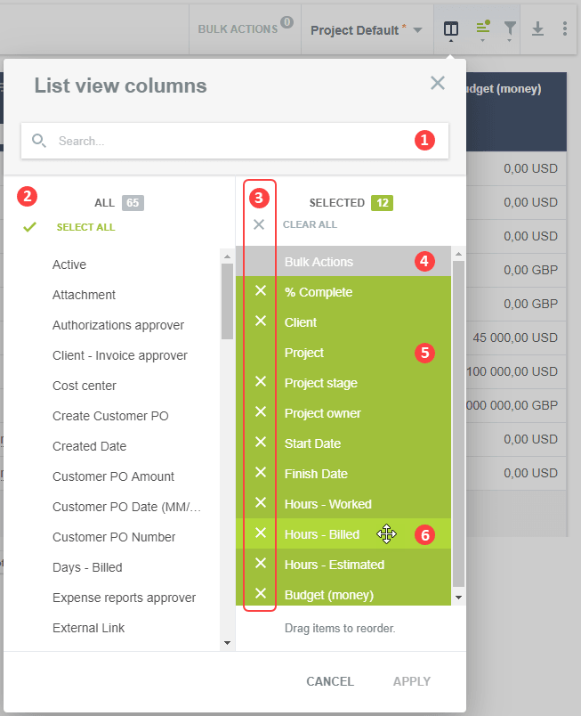 List columns panel