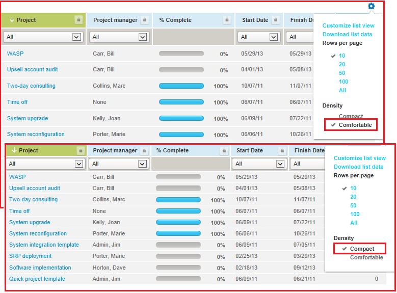 Different list density options in the previous UI.