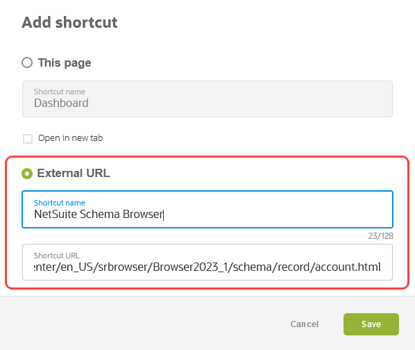 Add a shortcut to an external URL.