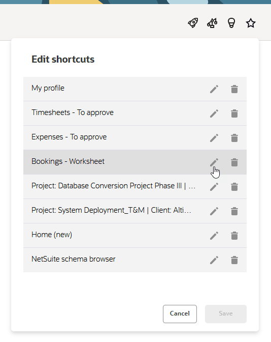 Edit shortcuts panel