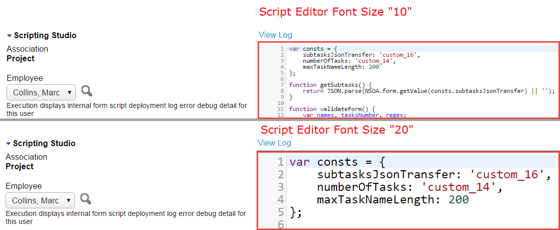 Scripting Studio with thedifferent font sizes for the Script Editor.