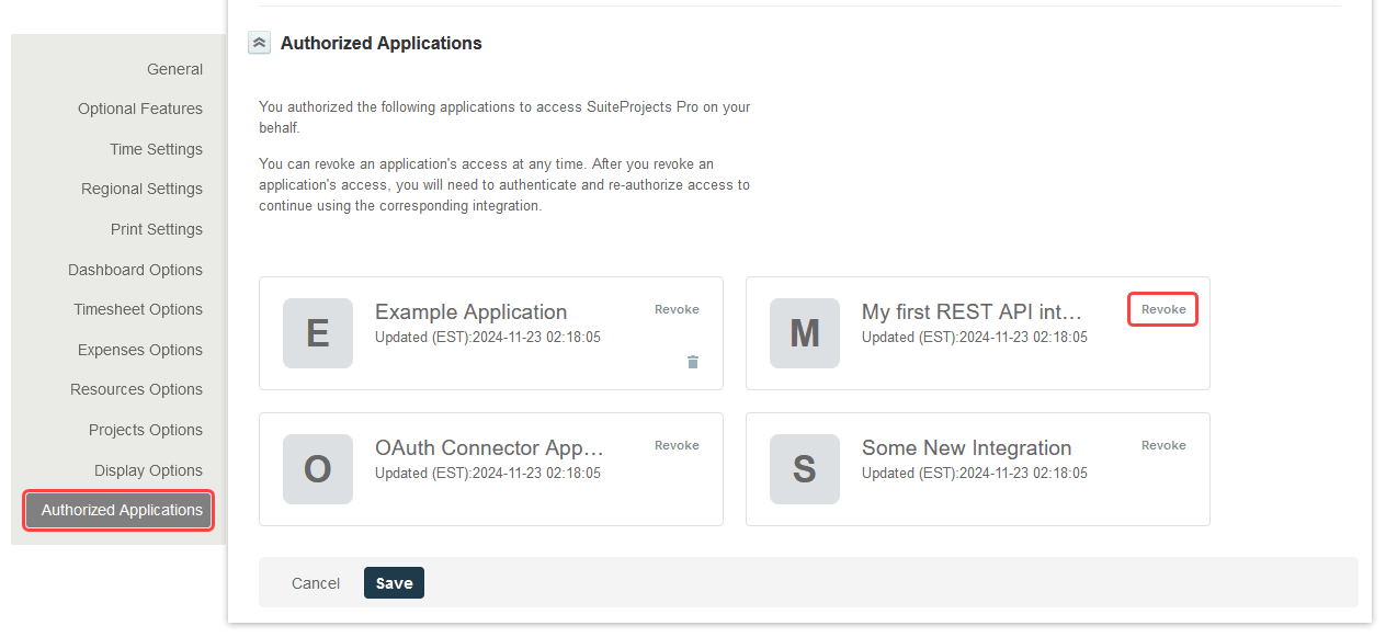 User personal settings controlling authorized applications