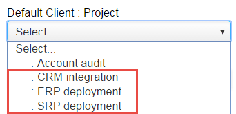 Customer:Project dropdown options including Project names with a preceding indentation and colon.