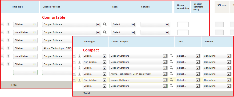 Timsesheet grid with comfortable and compact display options.