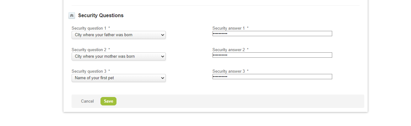 Security Questions section of the Password form.