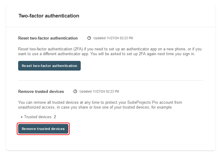 Two-factor authentication user preferences page.