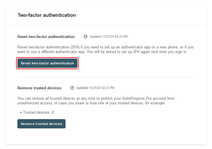 Two-factor authentication user preferences page.