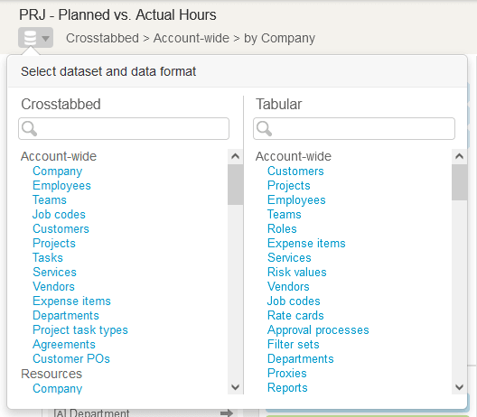 Report template selector in the report editor.