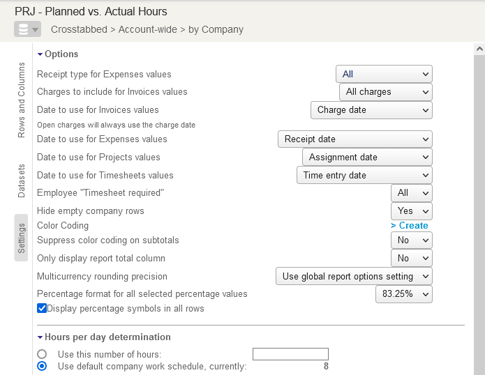 Part of the settings subtab in the report editor.