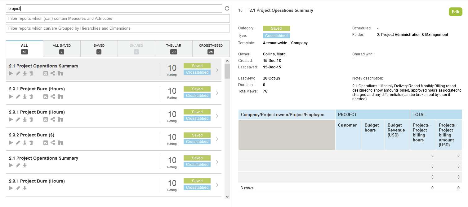 Report Management user interface.