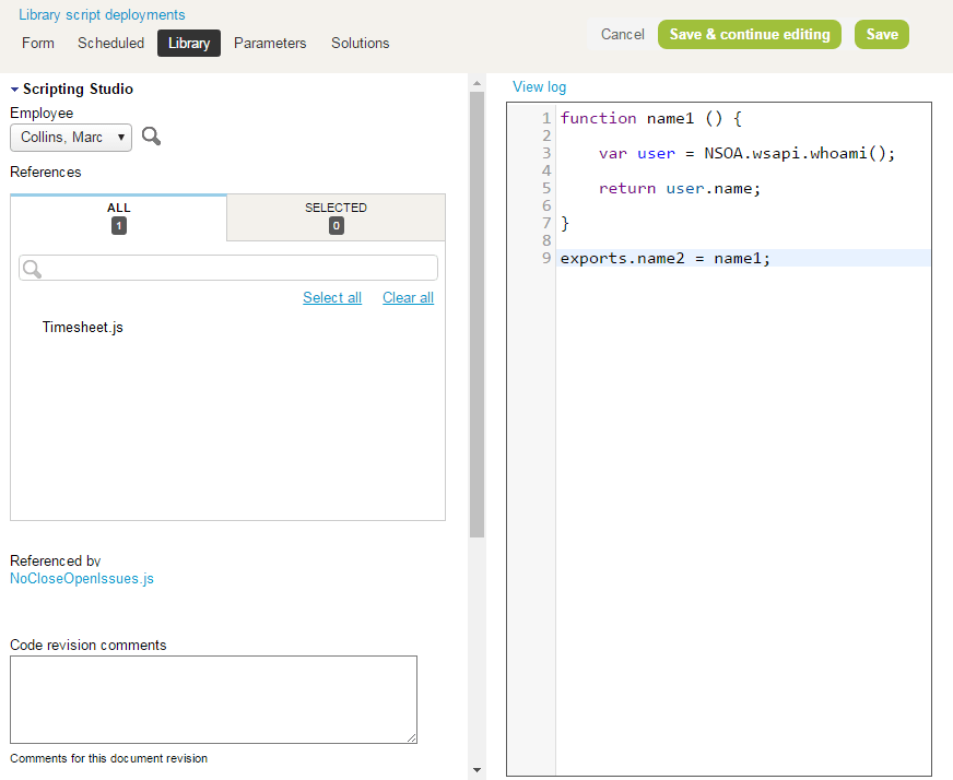 Scripting Studio showing a library script example.