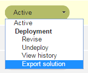 Solution Status dropdown list showing available actions for a solution that is active.