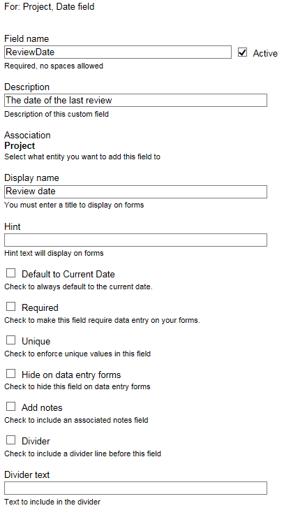 Custom field properties form.