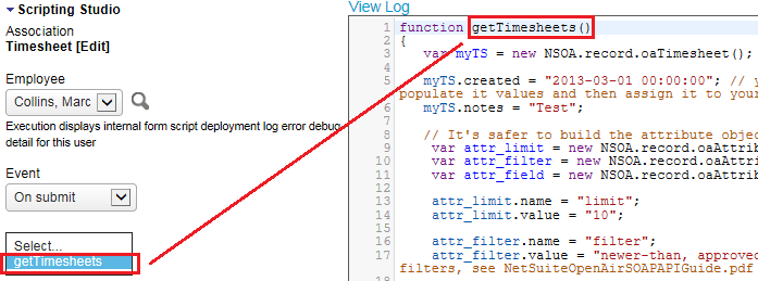 Scripting studio showing an example of form script and the entrance function.