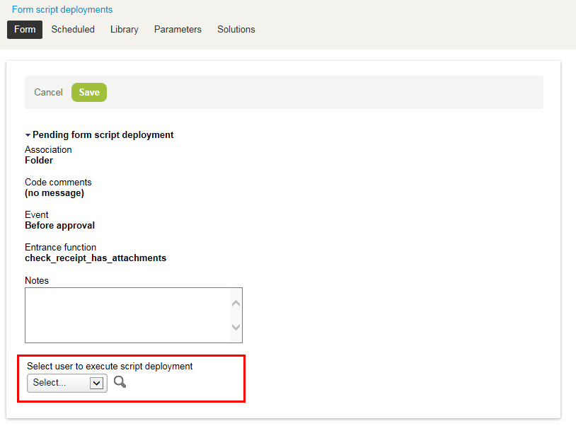 Form script deployment propertries form.