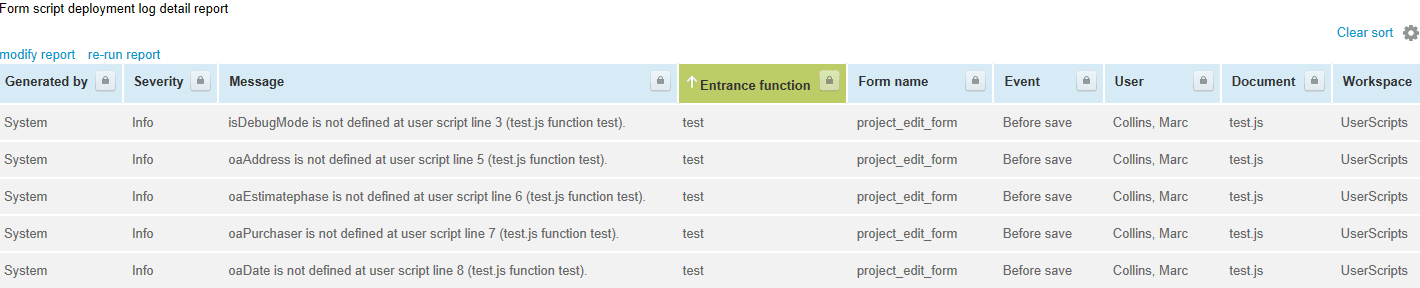 Form script deployment log detail report.