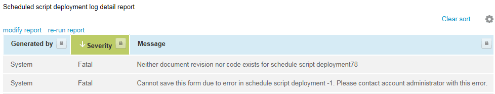 Scheduled script deployment log detail report.