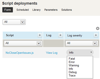 Log message minimum severity selector for active scripts on the script deployment list.