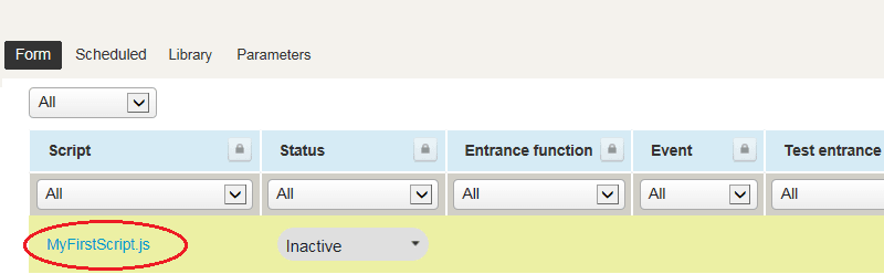 Form script deployments list in the Scripting Center.
