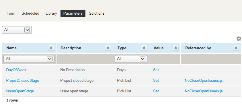 Script parameter list in the Scripting Center.