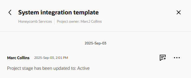Project discussion message posted automatically as a result of changing the project stage.