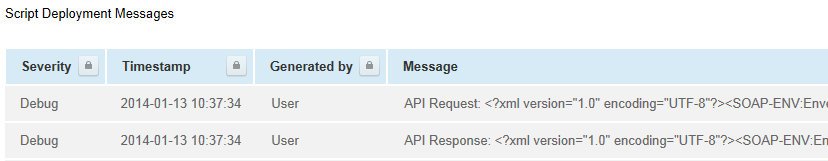 Script deployment message log showing SOAP API requests and responses.