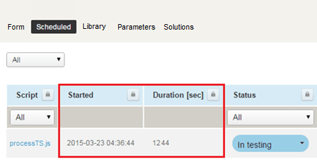 Scheduled script deployments list showing the last run start time and duration for each script.