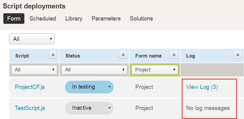 Script deployment message link and counter in the script deployments list.