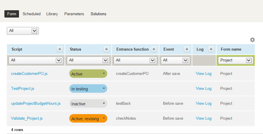 Scripting Center showing the form script deployment list.