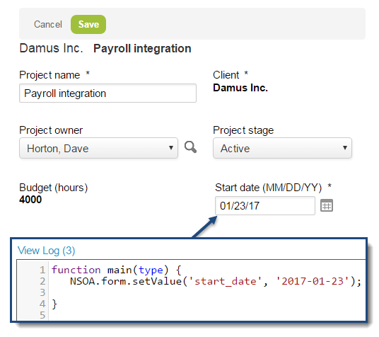 Example of value set using the NSOA.form.setValue function.
