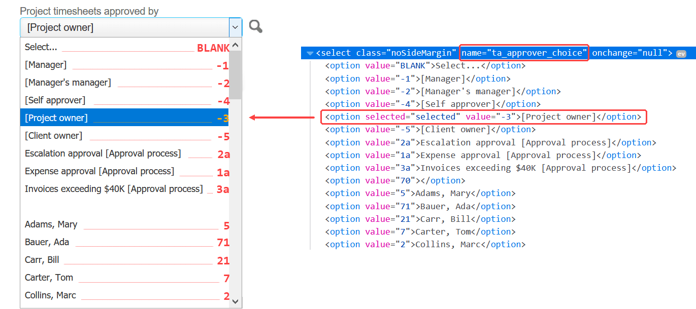 Illustration of using browser development tools to identify the internal identifier for a metavalue.