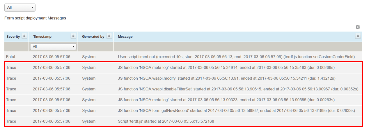 Trace log messages on the script deployment messages list.