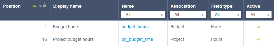 Custom field list showing the Budget hours and Project budget hours custom fields.