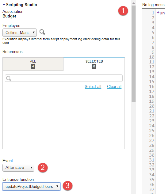 Scripting Studio tools and settings panel showing the form association, the user event association and the selected entrance function.